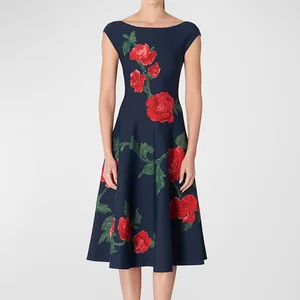 Elegant Ladies Vintage Floral Print Midi Evening Dress Crew Neck Short Sleeve Fit Flare Digital Printing Woven Weaving Method