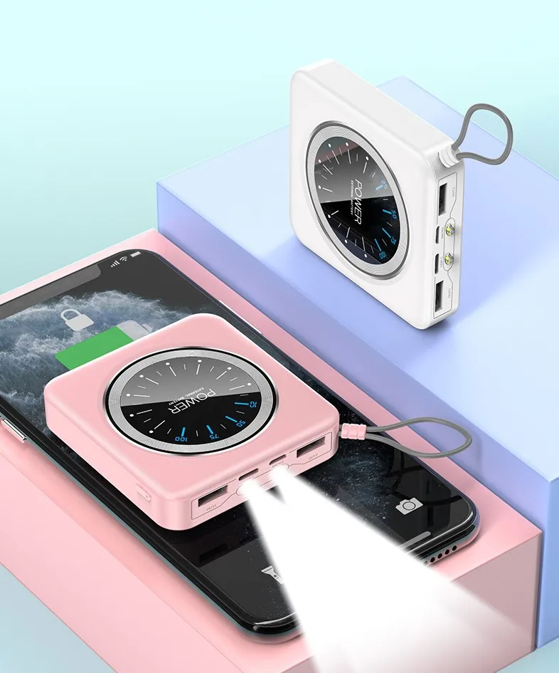 Mini Portable Phone Charger Power Bank 10000mAh Clock Design Emergency Power Bank Type-C Bracelet With Keychain Pocket Size
