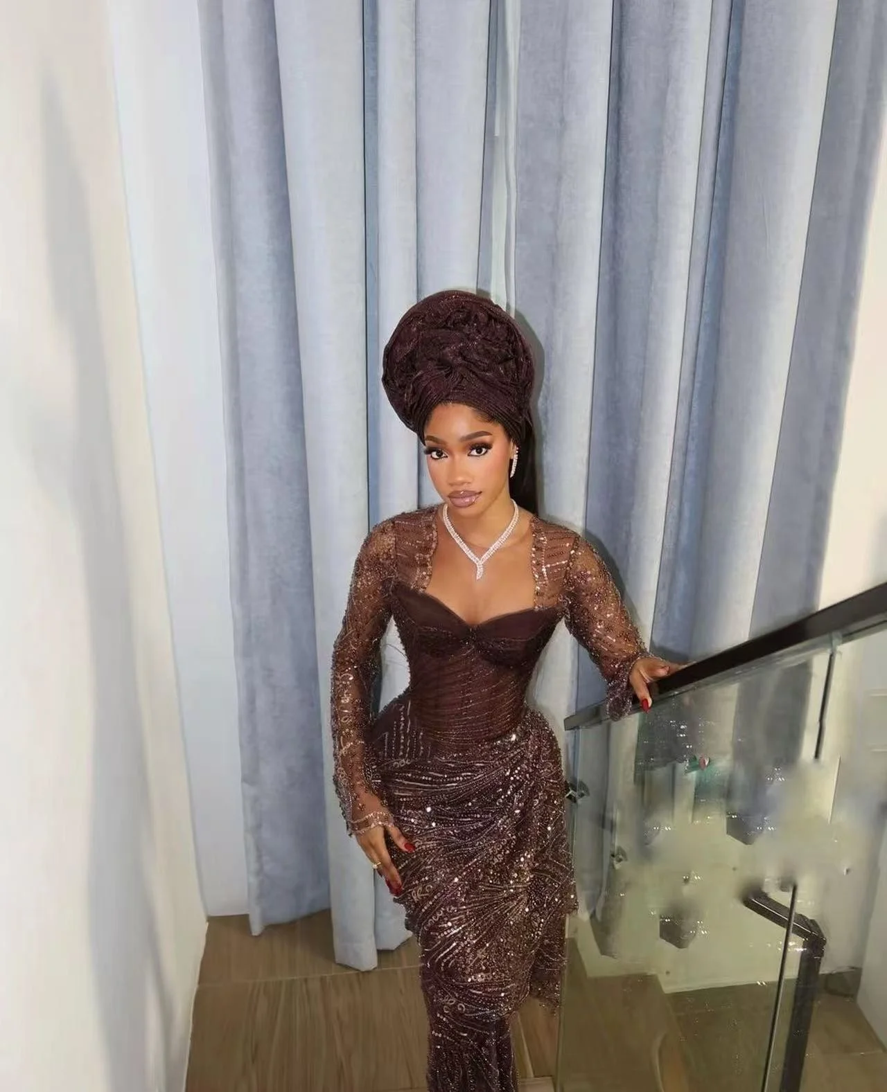 Shop Nigerian Brown Lace Birthday Dress with Sparkly Sequins