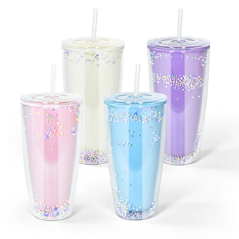 Quality Customized Insert 24oz Bulge Acrylic Plastic Cup with Decoration Ball and Straw 40PCS/CASE
