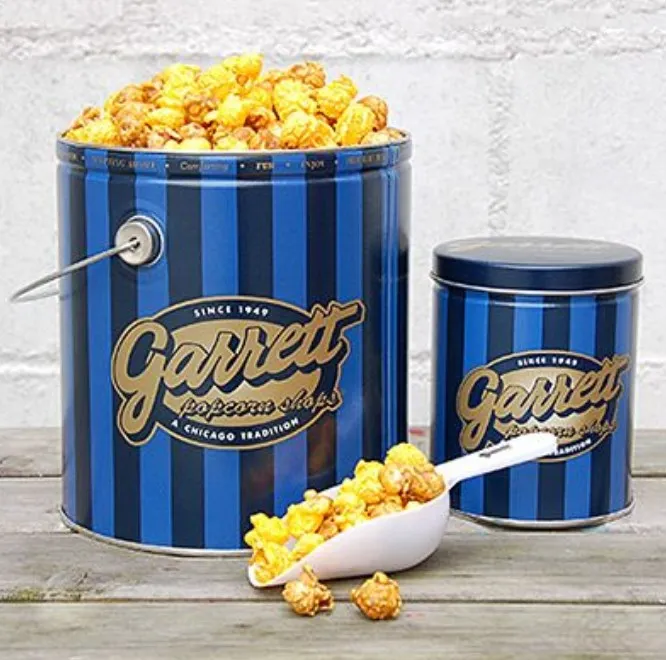 Wholesale printing luxury food grade empty popcorn tin cans stackable large christmas popcorn tins metal popcorn tin bucket supplier