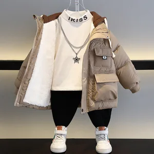 Customized Winter Coat Boys Thick Warm Fleece Lined Hooded Jacket Outdoor Windproof Puffer Coat with Pocket Clothes for Kids