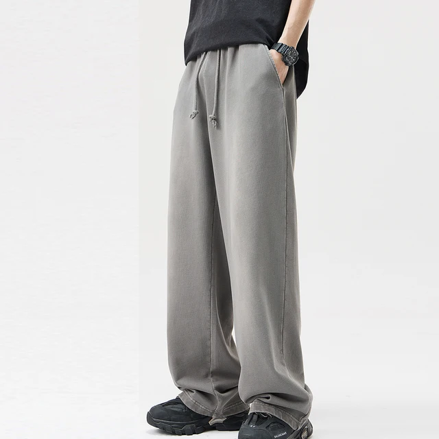Men's Heavyweight 100% Cotton Casual Long Trousers Quality Texture Excellent Drape Wide-Leg Design Stylish Comfortable for