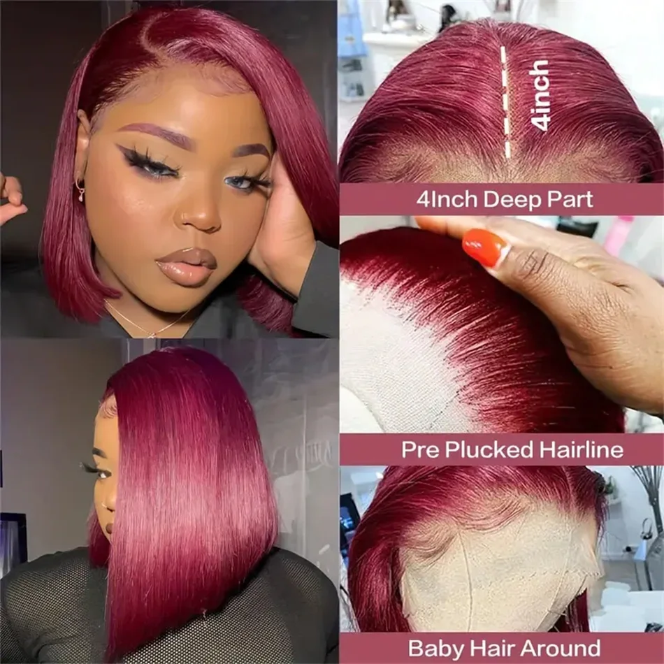 Kurze Bob Perücke Echthaar Perücken für Frauen Burgund 13x4 Spitze vorne 99J brasilianischen Pre gezupft_voghion.com