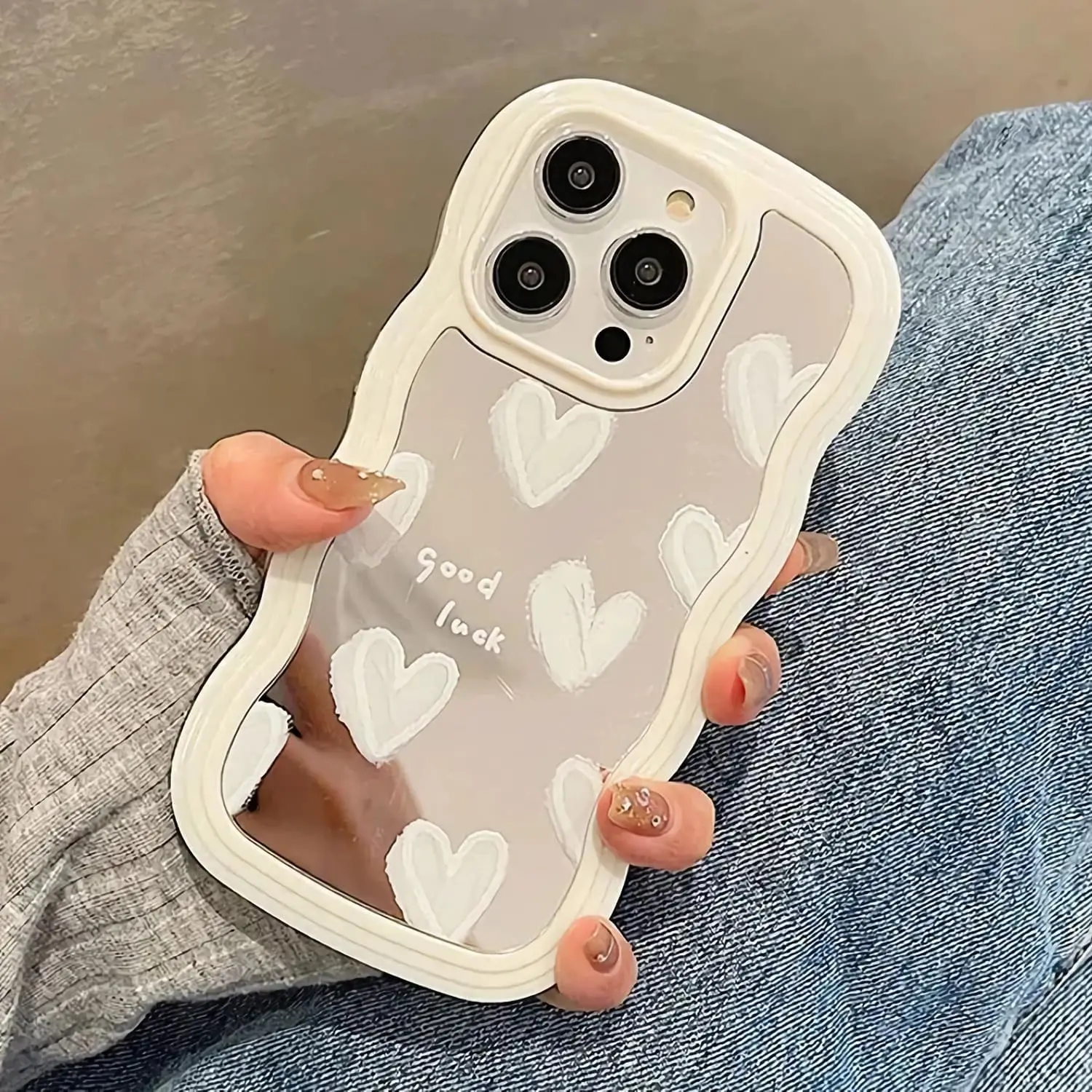 Case for iPhone 16 Pro Max Cute Heart Mirror Curly Wave Frame Shape Slim Silicone Shockproof Protective Cover with White Hearts