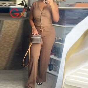 GX5456 Fashion 2026 Summer Clothing Boutique Women Street Wear Sleeveless V-Neck Cropped Tops and Wide Leg Pant 2 Piece Set