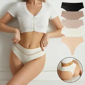 US EU Style Thong Mid-Rise Seamless Anti-Bacterial Nylon One-Piece Ice Silk Panties Feminine V-Shaped Mesh Lady Panties