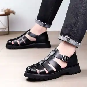 Summer Retro Style Leather Sandals Cool Breathable Lightweight Thick Soled Foot Cover Buckle Shoes Fashion Men's Shoes