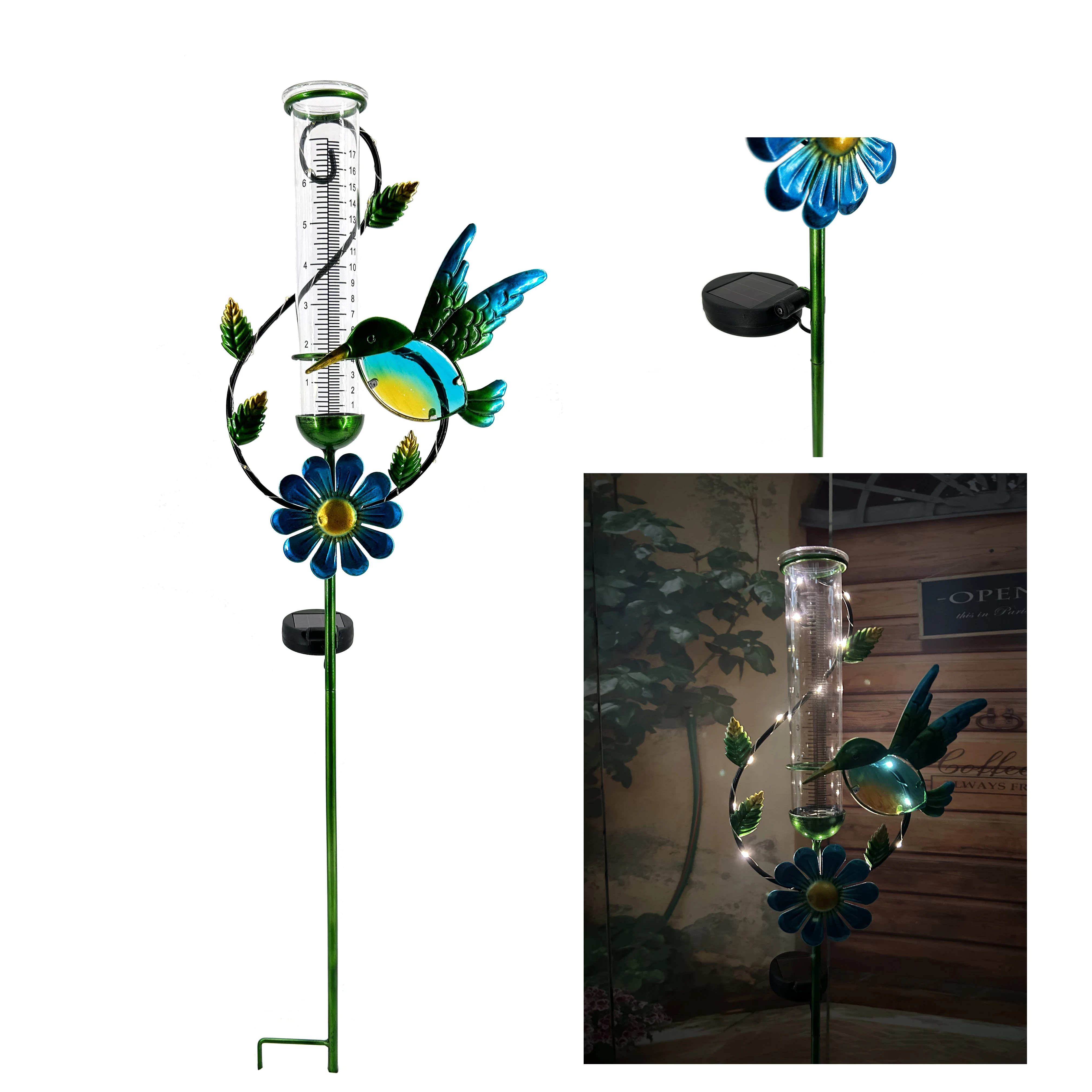 Outdoor Rain Gauge Solar Stake Metal Hummingbird Glass Tube With Solar