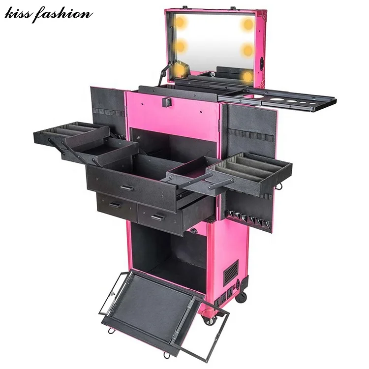 Portable Rolling Train Case with Trolley Large Capacity Eco-Friendly Makeup Artist Vanity Tool Storage Features Lights