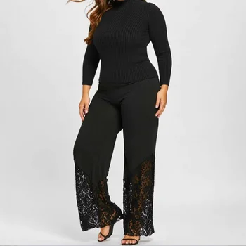 Plus Size Women's Lace Straight Pants Casual Loose Comfy Soft Lounge Trousers Stretchy High Elastic Waist Summer Formal Suit