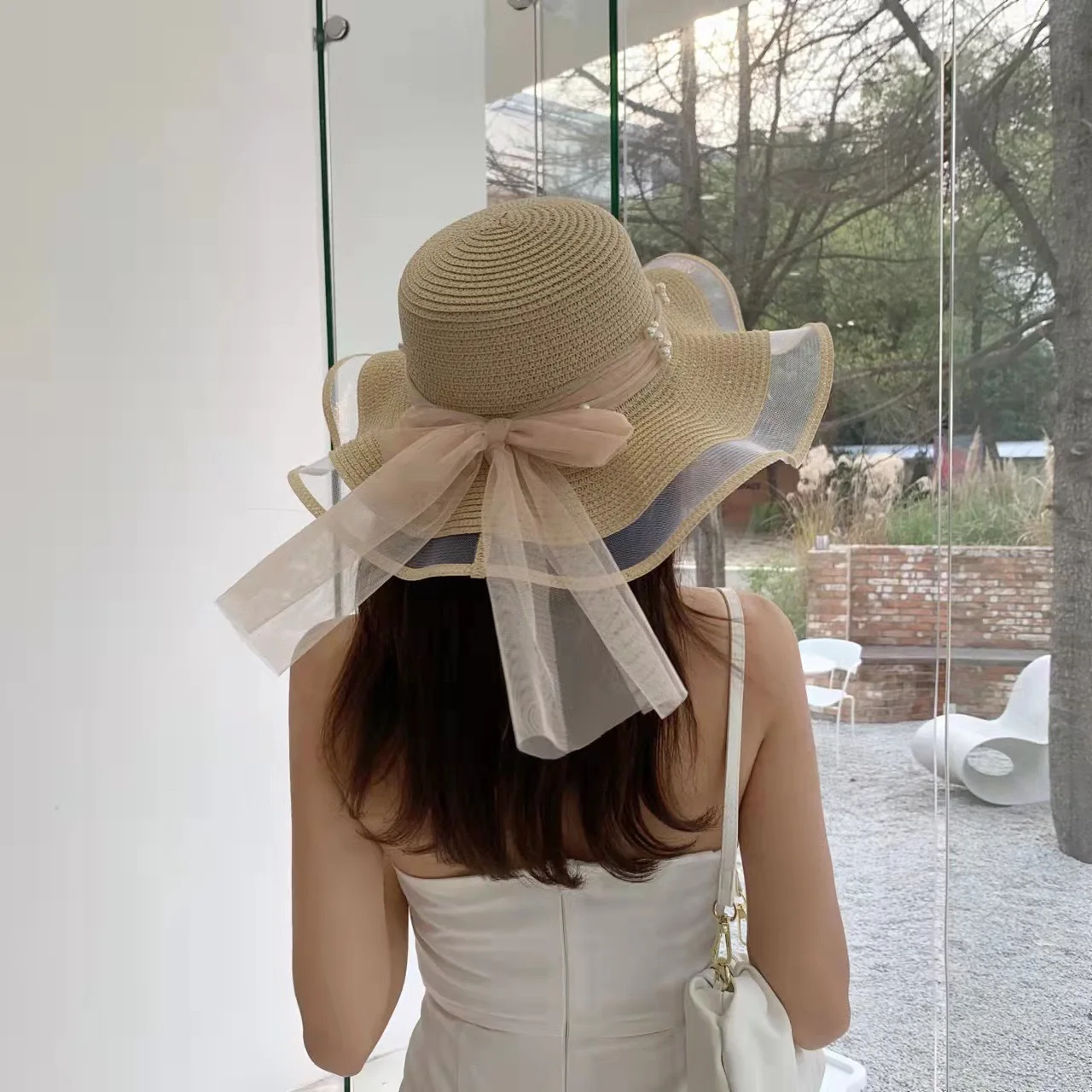 Straw Bowknot Boater Hat Summer Beach Sun Hat Womens Fedora Jazz Hat Straw Boater Hat Women Summer Hat with Bow Elegant Beach Hat  main image 2