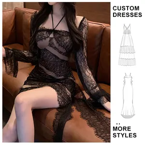 Women's Dress Design Party Gothic Empire Waist Vintage Black Sexy Strapless Lace Dress with Hip Hugging Fluttering Evening Dress