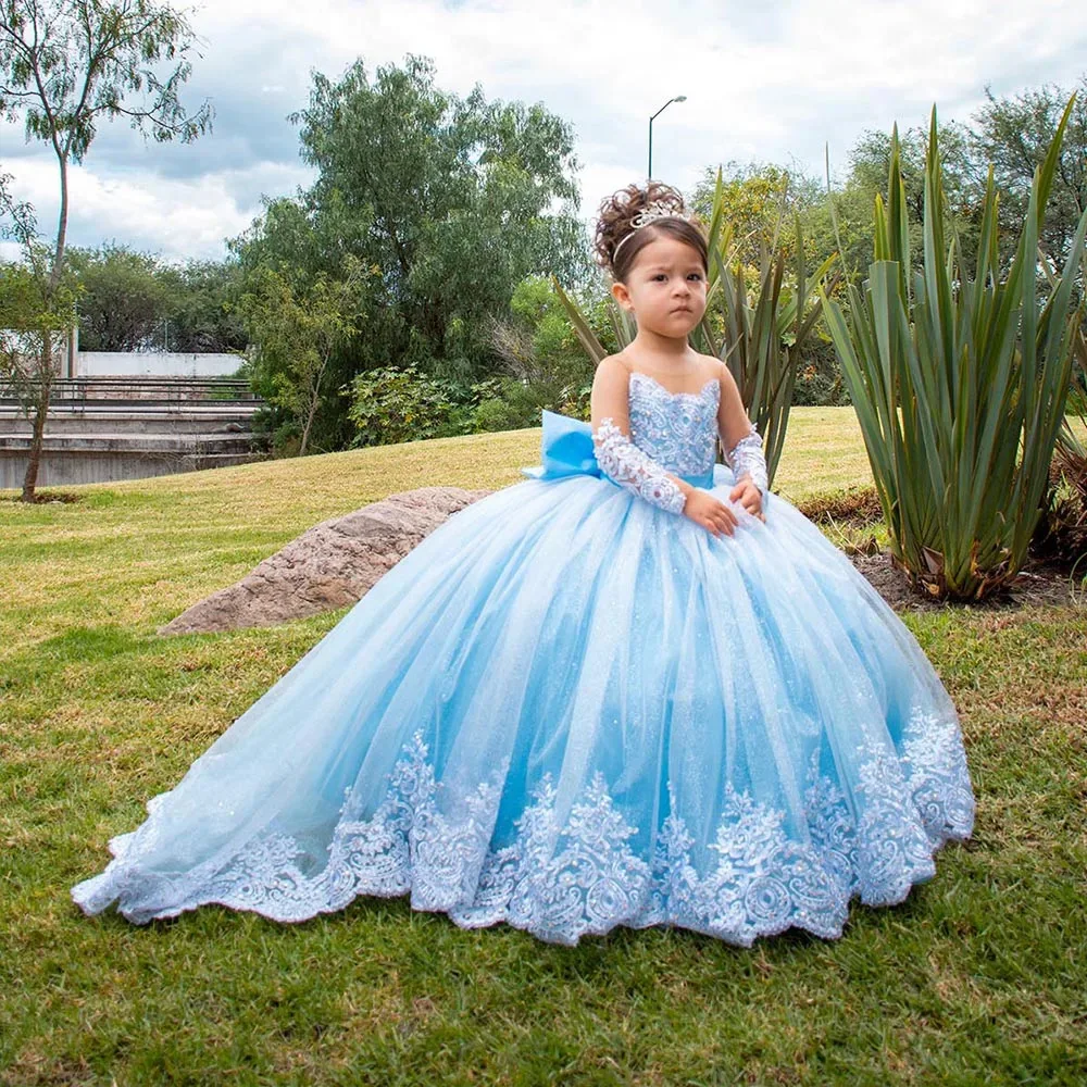 Girl's Royal Blue Princess Dress Vintage Court Gown with Lace Gloves  Train Elegant Birthday Piano Recital Dress 2-13 Years