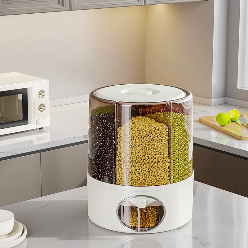 Factory Custom 6 Compartment Transparent Rice Dispenser Small Multigrain PP Storage Box Rotating Kitchen Case for Bag Use