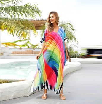 Rainbow print woman kaftan beach dress vcation summer sunscreen woman long loose dress