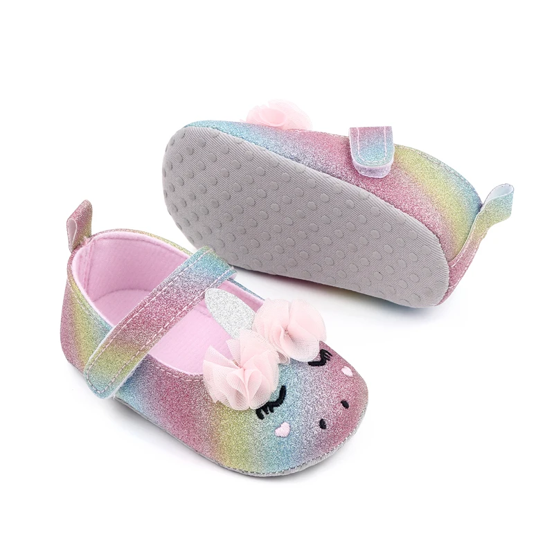 Glitter Cute unicorn Baby Girls Soft Sole Shallow Mouth Cartoon Flower Princess Toddler Shoes manufacture