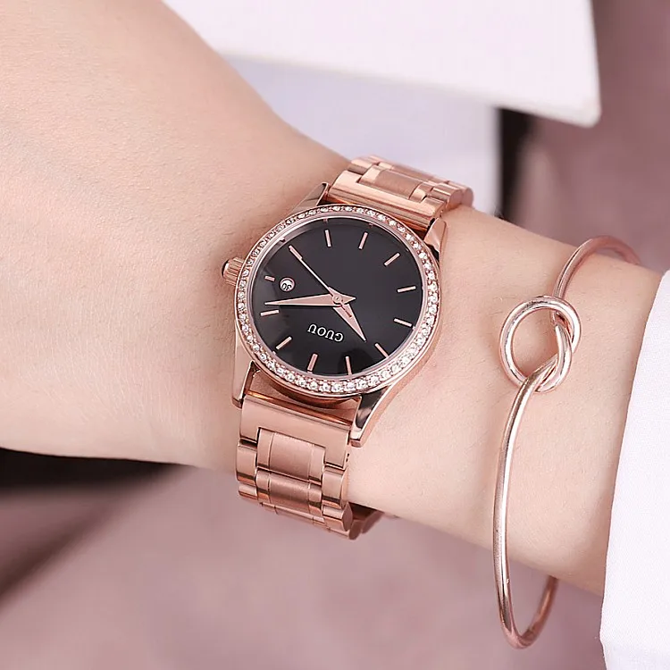 GUOU 6012 Drop Shipping Factory Quartz Watch Luxury Diamond Stainless Steel Band Vintage Auto Date Water Resist Wristwatch
