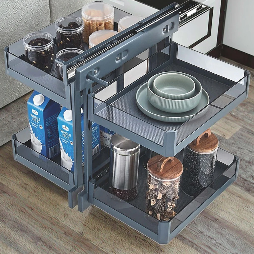 Under Cabinet Pull-Out Tray Pantry Organizer with Glass Gasket Kitchen Hardware Basket Magic Corner Kitchen