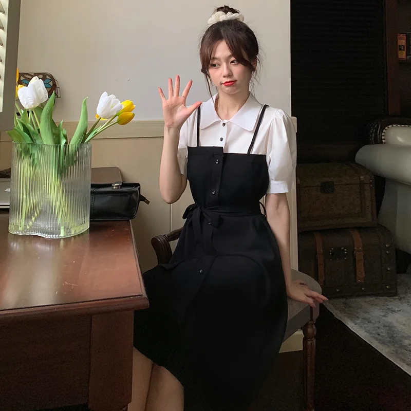 2022 Summer New Black And White Stitching False Two-piece Dress Korean Lace  Up Waist Shirt Dress Women Coldker - Buy Women Shirt Dress,Women Dresses  Casual Summer,Women Elegant Dress Product on 