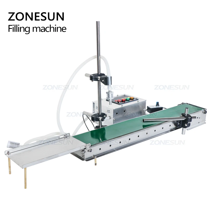 ZONESUN Small Scale Digital Plastic Bottle Soft Drink Juice Perfume Essential Oil Liquid Filling Machine With Conveyor
