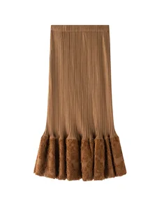 Miyake Vintage Beaded Anti-Wrinkle Super Good-looking Fashion High-end Niche Elegant Skinny Western Brown High Waist Skirt