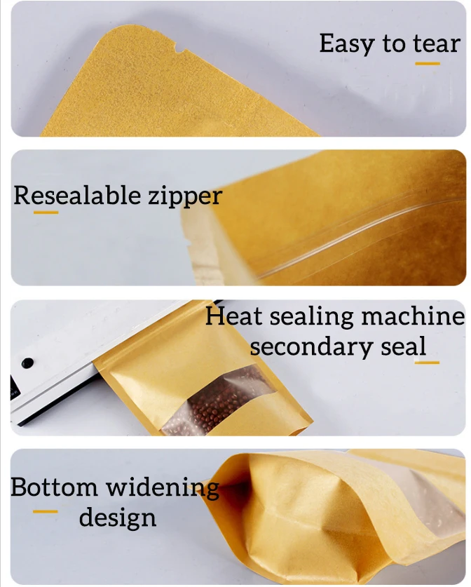 12*20cm Low Price Food Kraft Paper Stand up Pouch Ziplock Bags Brown Kraft Paper Mylar Bag with Window factory