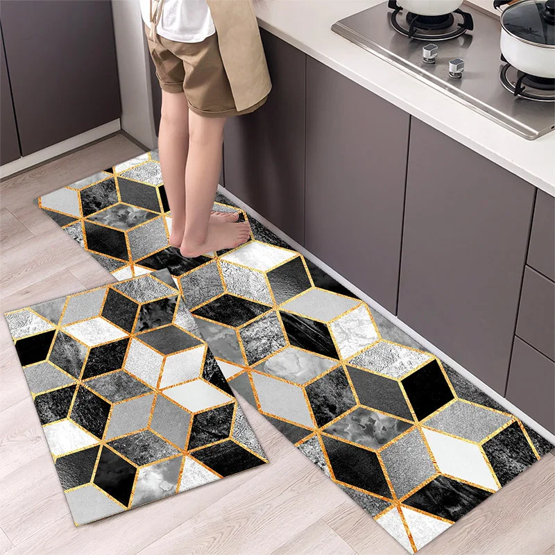 3D Printed Geometric 2pc water absorbent anti fatigue hard long kitchen mat  sets