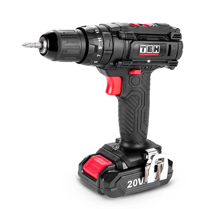 TEH Professional Chinese Brand Portable Cordless Drill Variable Speed Impact Drill with Obvious Switch Battery Power Source