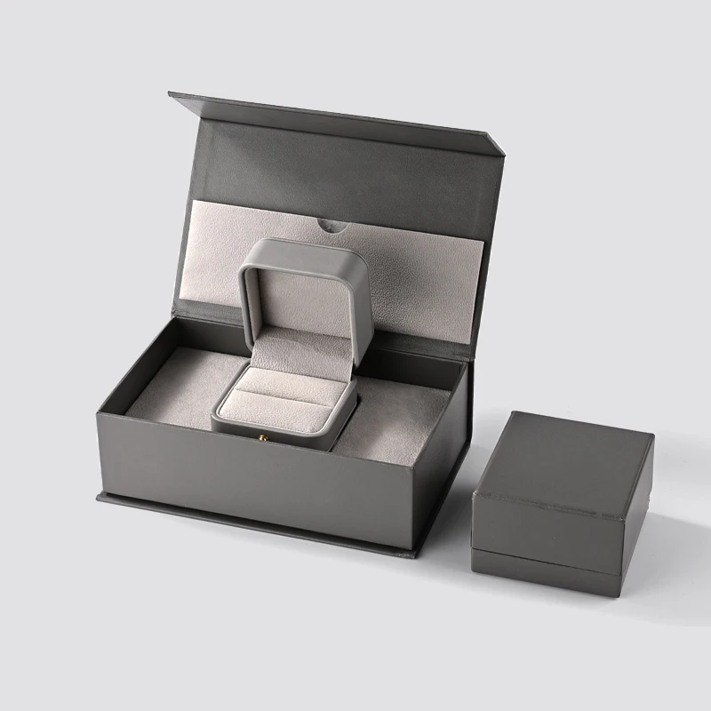 FANXI Custom logo Grey Leather Jewelry Box Ring Earrings Pendant Necklace Box Jewelry Packaging Velvet