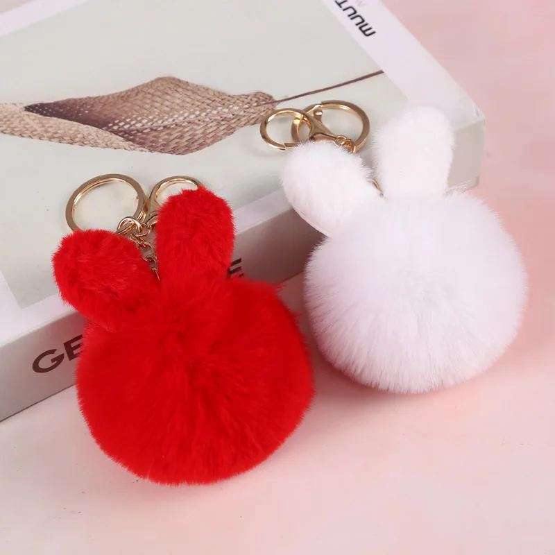 Rabbit Ears Fur Ball Bag Charms With Golden Key Rings Ear Pom Pom