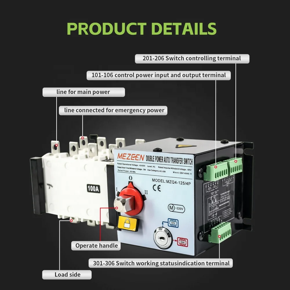 ATS Commutateur Transfert Automatique 125A 4P - Double Alimentation Générateur Solaire Ville - Interrupteur Puissance