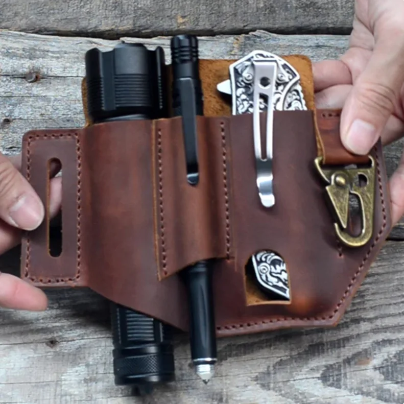Leather Multitool Sheath - Brown EDC Belt Organizer With Flashlight Holder, Key Clip, Pen Loop