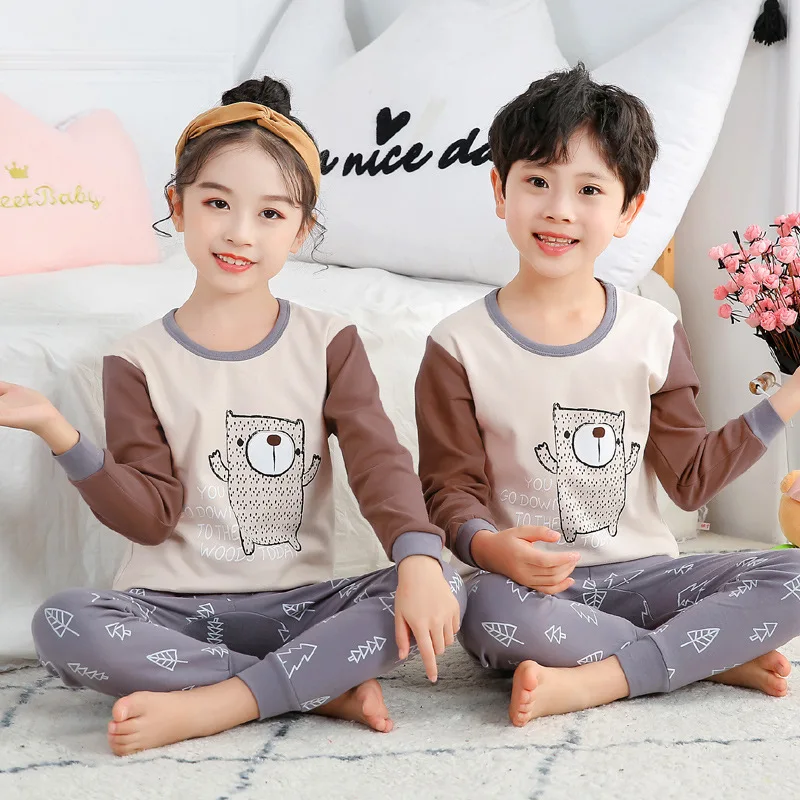 Autumn Spring Pajama for Boy and Girl Handsome Cat Print Long Sleeve and Pants Kids Boys Sleepwear Set
