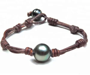 Wholesale Jewelry Popular Unisex Homme Men's Custom Braided Leather Tahiti Pearl Bracelet for Men