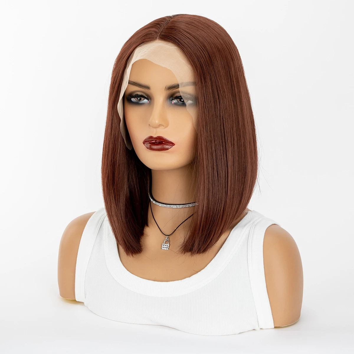 European and American Women's Short Straight Black Wig Middle Part Front Lace Rose Net Hair Set Made of Chemical Fiber
