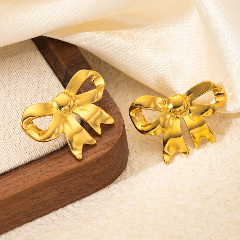 product trendy 18k gold  silver plated bowknot shaped stainless steel stud earrings for women fashionable european american style gift-7