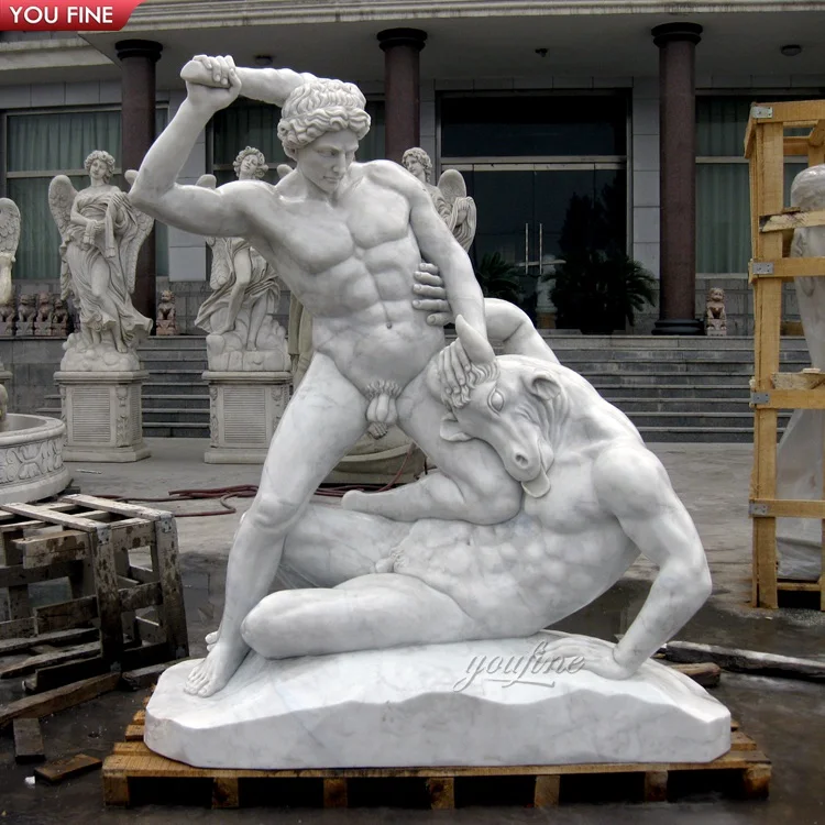 YOUFINE Hand Carved White Marble Hercules and Lichas Statue Dynamic Greek Mythology Wrestling Group Sculpture for Museum