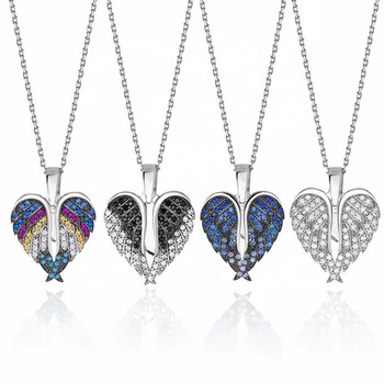 Full Zircon Luxury Women Guardian Angel Wing Feather Necklace Elegant Love Heart Necklace