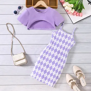 2026 Hot Sale Kids Clothing Wholesale 10 to 12 Years Short Sleeve Tops Plaid Print Dress 2pcs Summer Clothes for Teenager Girls