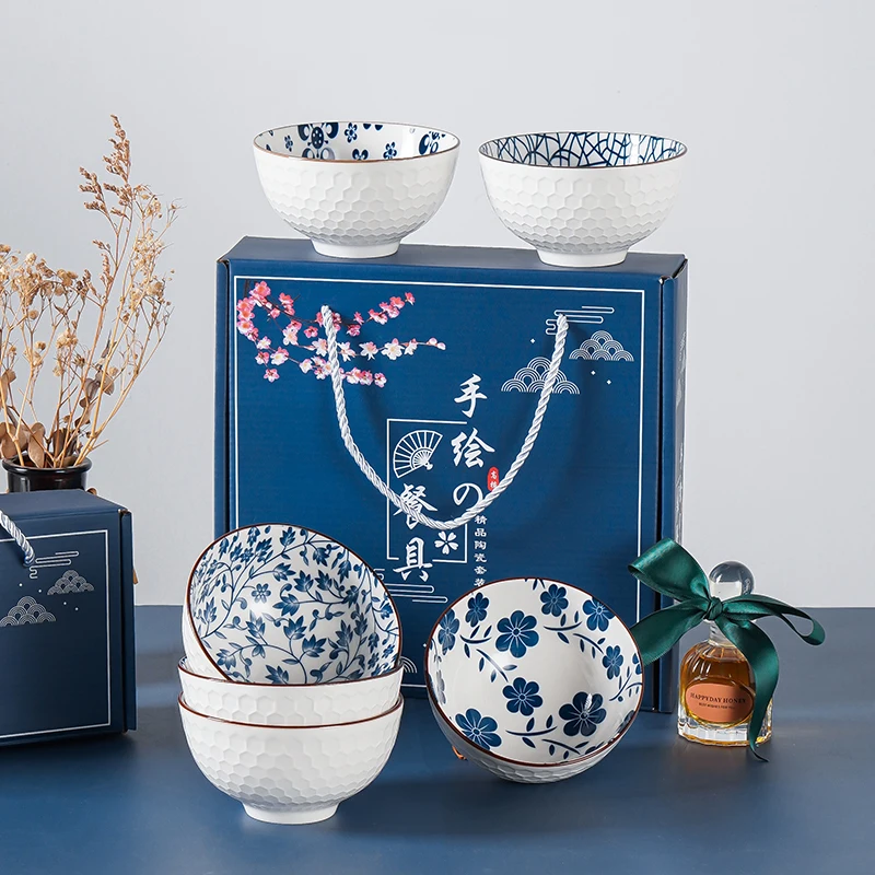 Set of 2/4/6pcs Blue and White Porcelain JAPANESE Rice Soup Bowls with Gift Box 