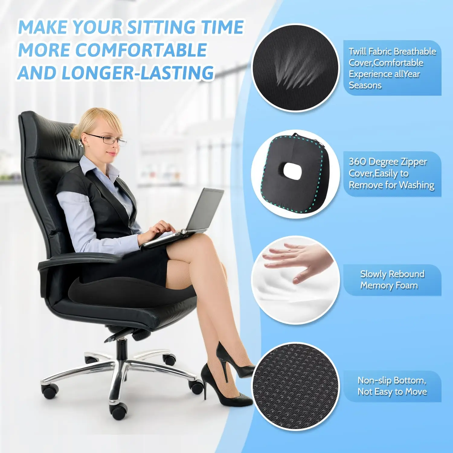 Black Large Size Ergonomic Design Memory Foam Seat Cushion Full Wrapped Car Office Chair Cushion Pain Relief Coccyx Seat Cushion
