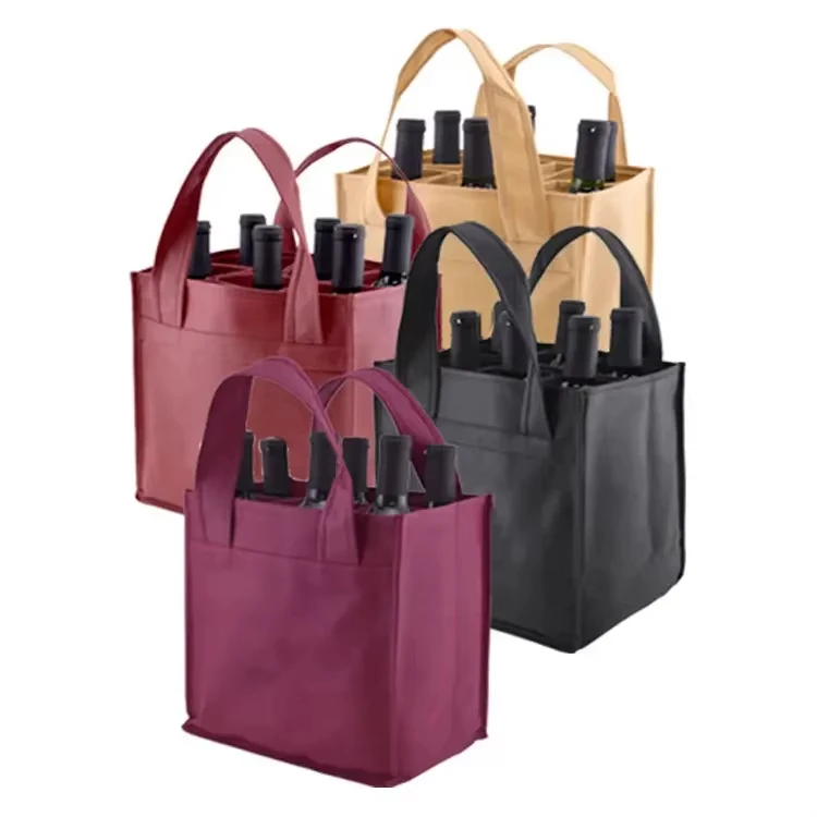 Wholesale Bulk Custom Printed Eco-friendly 100% Recycled Non Woven Fabric Durable Shopping Packaging 6-Bottle Wine Tote Letter