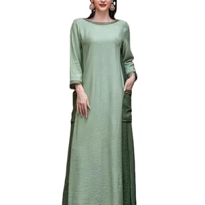 Middle East Women Muslim Robe Comfortable Breathable Casual Colorblock Pocket Long Sleeve Dress