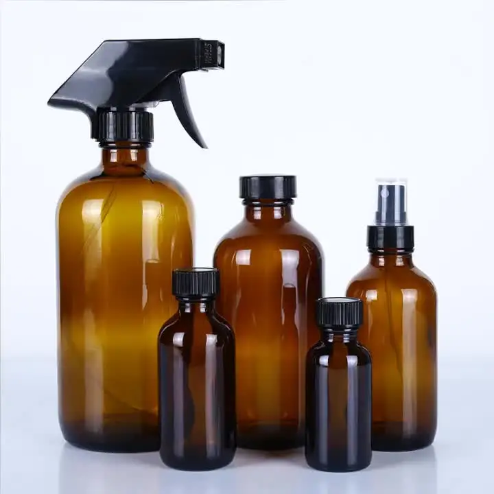 16oz  500ml Amber Brown Pharmaceutical Boston Round Glass Spray Bottle with Trigger Spray lotion pump Cap