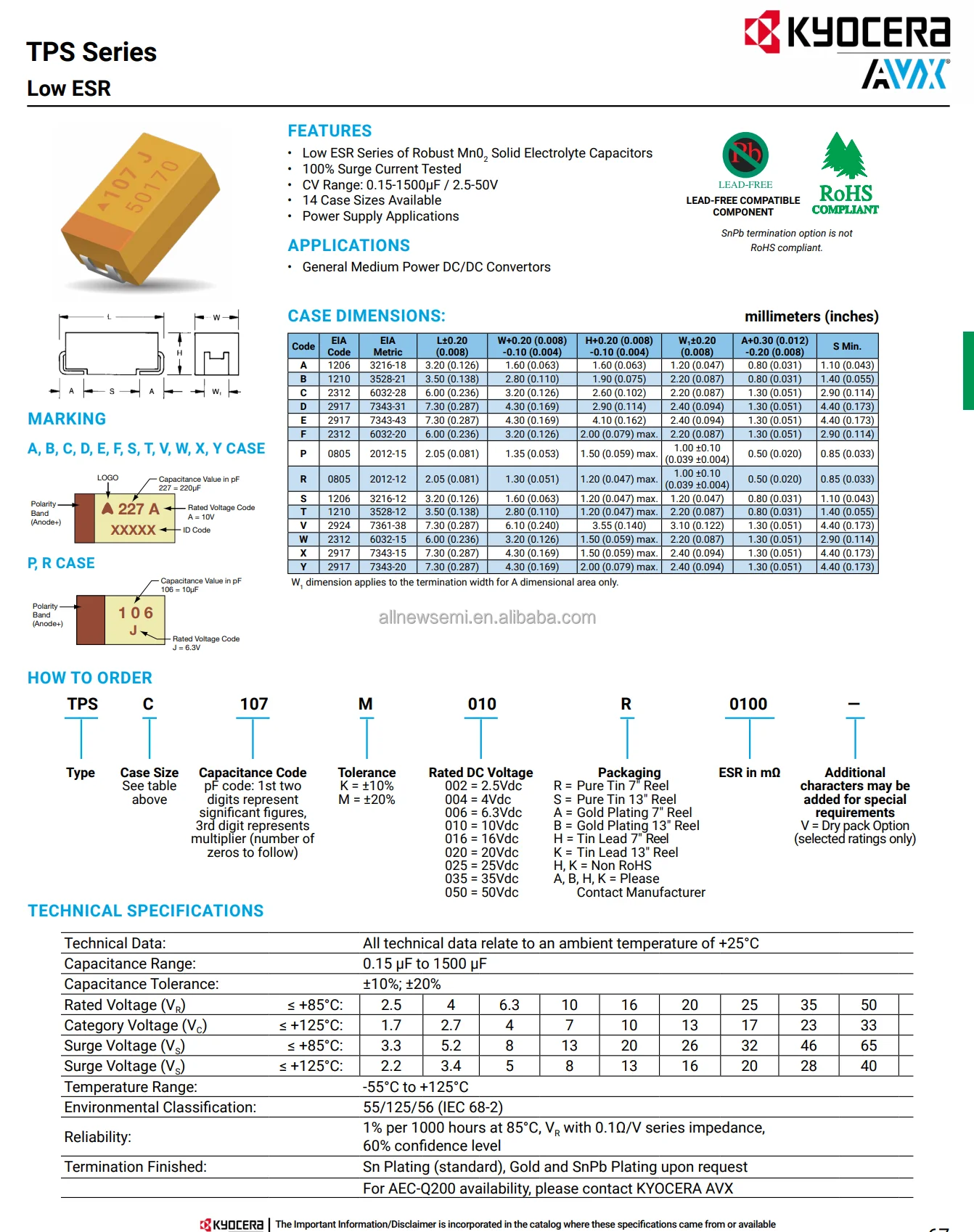 Hot sale original TPSD107K010R0100 Tantalum Capacitor, Polarized, Tantalum (dry/solid), 10V 100uF, Surface Mount, 2917, CHIP