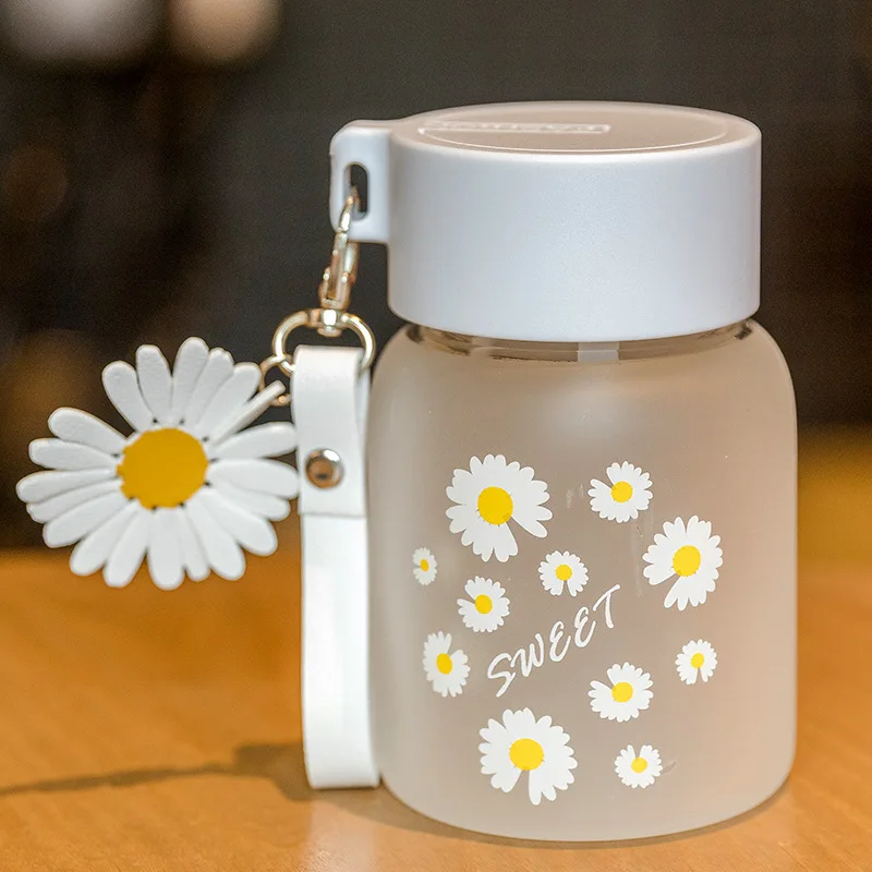 350ml Heat Resistant Small Daisy Frosted High Borosilicate Glass Juice Water Bottles With Portable Rope Travel Tea Cup