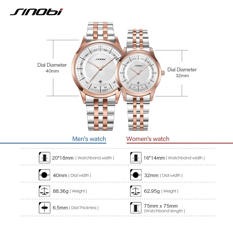 Часы SINOBI для влюбленных мужчин и женщин, водонепроницаемые, подарок на День Святого Валентина, 2024, розовое золото, IP-покрытие