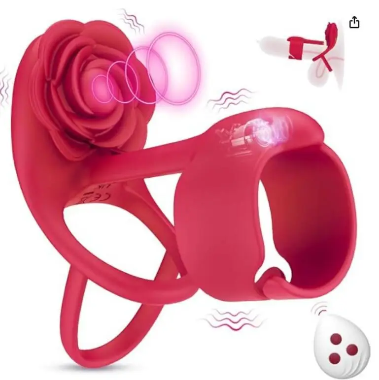 3 in 1 Silicone Penis Ring Vibrator with Rose Vibrating Cock Ring Adult Sex Toys for Men Couple Pleasure Remote Control Durable%