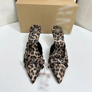 QuiteS Za's New Women's Shoes Summer Leopard Print Bow Decoration Pointed High Heel Mules Shallow Half Flip-Flops for Outdoor